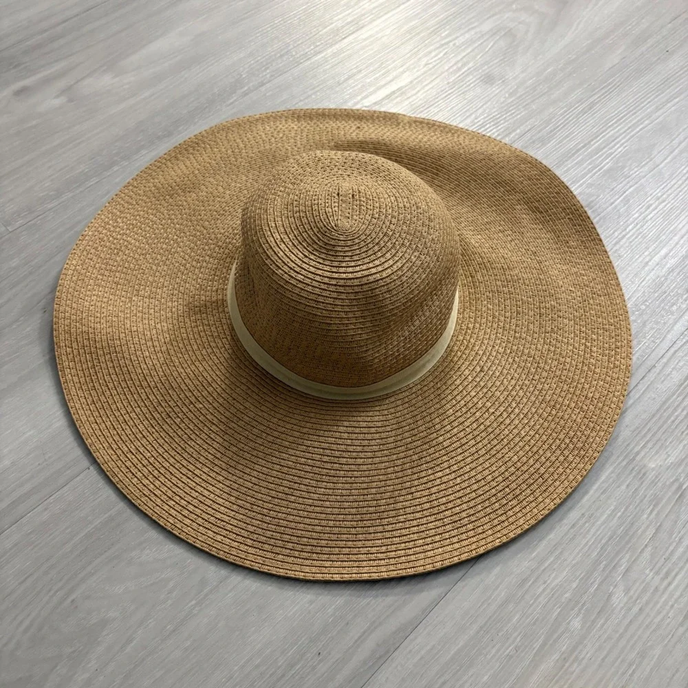 Express Hat Women Tan Oversized Floppy Straw Sun Hat Wide Brim Beach Vacation OS